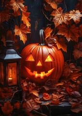 Obraz premium Halloween pumpkins with scary faces, jack o lanterns and autumn leaves in cemetery