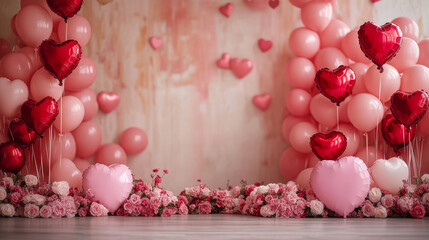 A pink and red room with a pink and red balloon arch and pink flowers