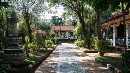 Obraz premium The beautifully maintained grounds of Wat Phayap, famous for its intricate mosaic interior.