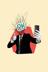 Vertical photo collage of headless man ok letters hold phone take selfie show thumb up gesture...