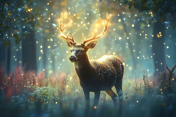 Fototapeta premium Enchanted Deer in a Mystical Forest Glow