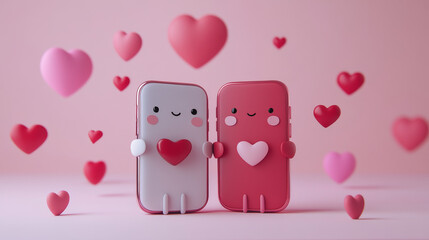 Two cartoon cell phones holding hearts in the air