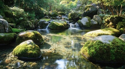 Fototapeta premium Mossy boulders and a clear stream form the heart of Mt. Mitakeaes Rock Garden, where the tranquil beauty of nature creates a serene, calming landscape in Ome, Tokyo.