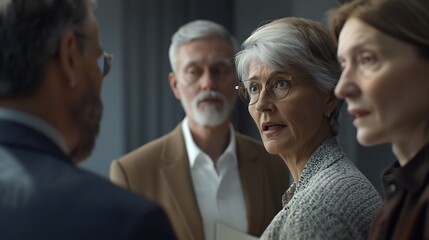 A group of four people engaged in a serious conversation, showcasing diverse expressions and interpersonal dynamics in a professional setting.