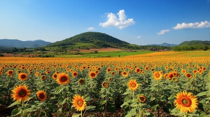 he colorful flower fields at Wang Nam Khiao, with sunflowers blooming under a clear blue sky.