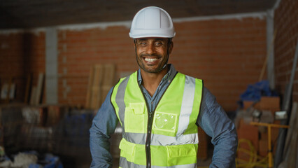 Young man in safety vest and helmet smiling at construction site suggesting confidence and professionalism