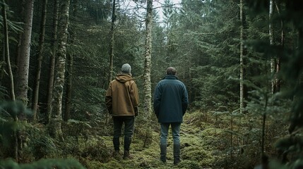 Fototapeta premium Two Figures Hike Through a Misty Forest