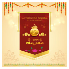 Happy Dhanteras Social Media Template. India, Diwali, Gold, Goddess Lakshmi Devi. Traditional Festival Template
