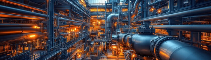 Fototapeta premium Industrial Interior with Complex Network of Pipes and Machinery Illuminated by Warm Lights
