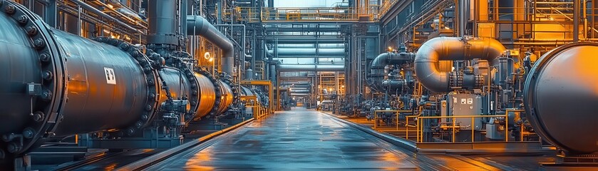 Fototapeta premium Modern Industrial Facility with Advanced Machinery and Piping Systems in a High-Tech Manufacturing Plant