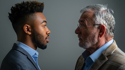 A young man and an older man face each other, showcasing a striking contrast in age, style, and expression against a neutral background.