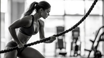 A woman swinging heavy battle ropes in a modern gym, seen from the side, her posture showing strength and endurance, with gym machines in the background