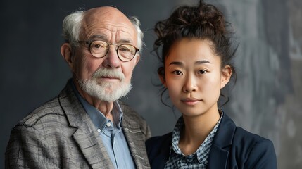 A portrait of an older man and a young woman, showcasing a warm connection and generational diversity against a softly blurred background.