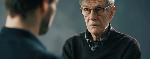 Fototapeta premium A thoughtful exchange between an elderly man and a younger individual, highlighting emotions and wisdom in a contemplative setting.