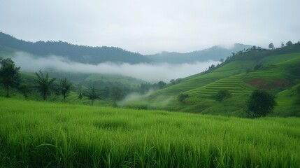 Fototapeta premium The cool, misty morning at Wang Nam Khiao, with rolling green hills and fog.