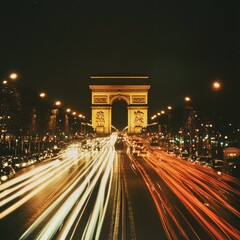 Night view of the Champs-alysaes leading to the Arc de Triomphe, with car lights forming streaks on the busy road. ae