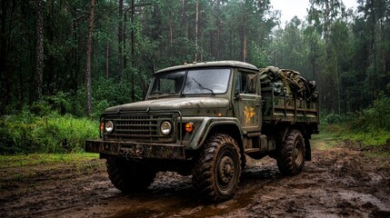 Fototapeta premium An army truck parked in a field, fully loaded with equipment, surrounded by a dense forest, highlighting its role in tactical and off-road operations