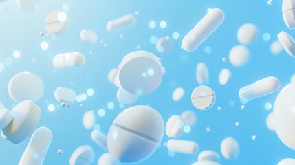 White pills falling on blue background.