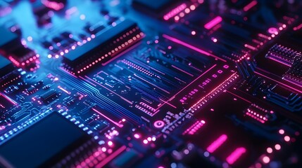 Fototapeta premium Abstract Close-up of a Circuit Board with Glowing Pink and Blue Lines