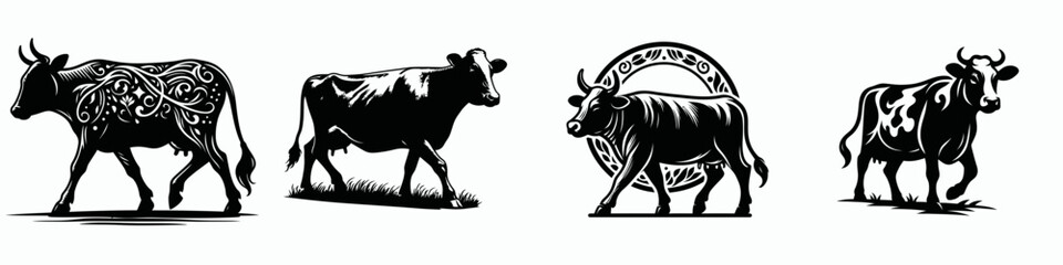 Obraz premium Four stylized silhouettes of cows depict different breeds, showcasing their unique features through a minimalist black-and-white design.