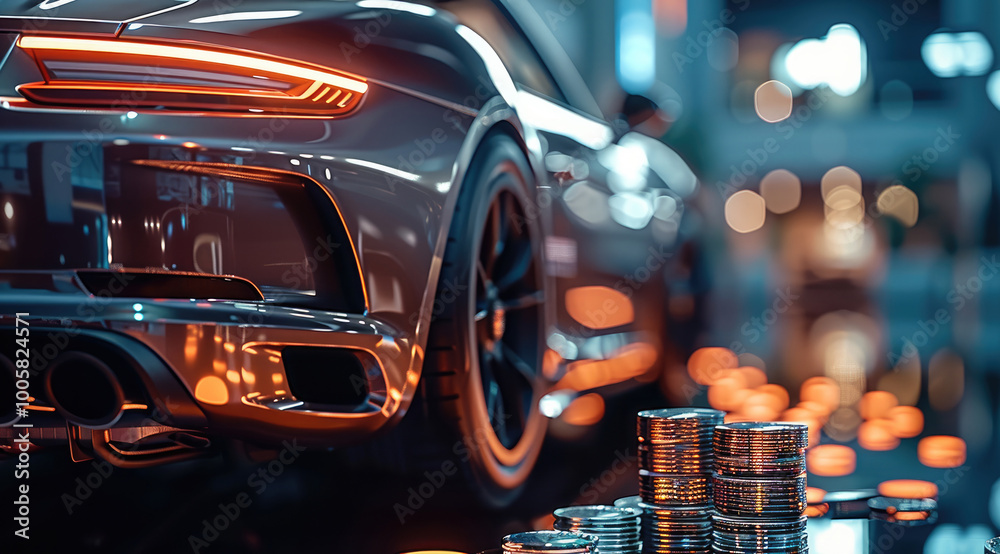 Poster a modern car and stacks of coins lying next to it.