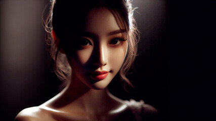 Naklejka premium A mesmerizing chiaroscuro portrait of a charming ballerina, her face illuminated by soft, diffused light revealing the intricate details of her features.