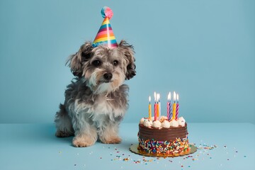 Fluffy dog with party hat poses by a cake with candles