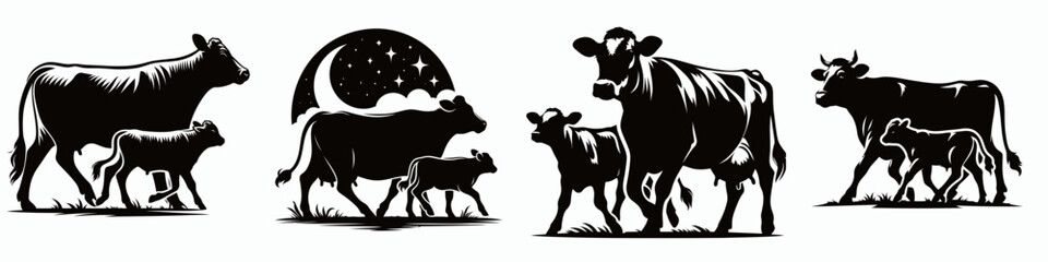 Fototapeta premium The image features a series of silhouettes depicting cows and calves against a moonlit backdrop.