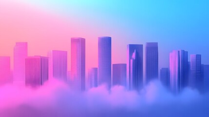 Obraz premium Futuristic City Skyline with Clouds in Neon Pink and Blue Gradient