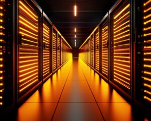 A futuristic view of a server room illuminated by glowing orange lights, featuring rows of servers in a sleek, modern design.
