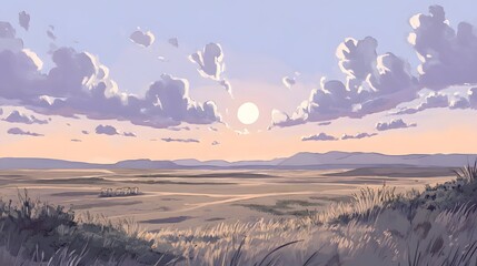 Peaceful Sunset Landscape with Grass and Mountains