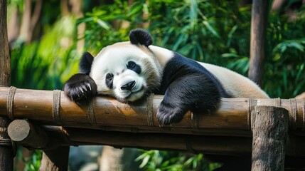 Obraz premium Peaceful giant panda bear snoozing on a wooden platform in a zoo, with lush greenery in the background. Ideal for animal conservation themes.