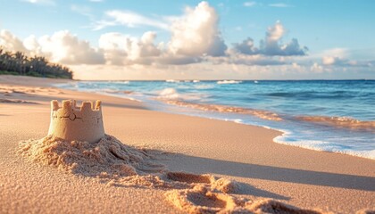 A sandcastle on a pristine beach at sunset.