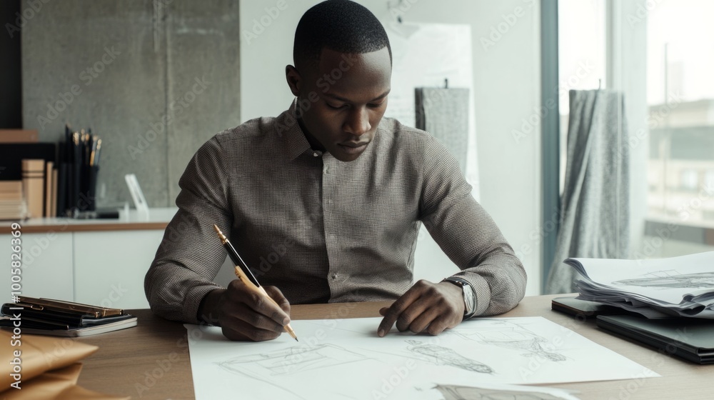 Poster a man is sitting at a desk and drawing a design