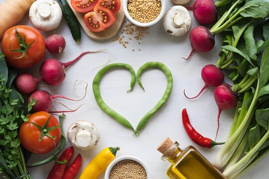 Vegetables arranged on white background with heart shaped green beans