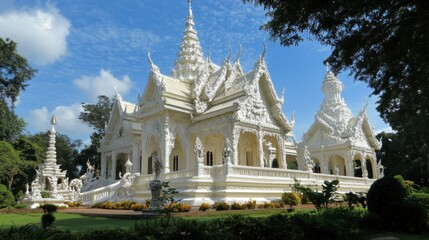 Obraz premium The grand white pagoda at Wat Phra That Phanom, a sacred temple near Korat.