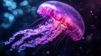 A purple jellyfish with a pink tail is floating in the water