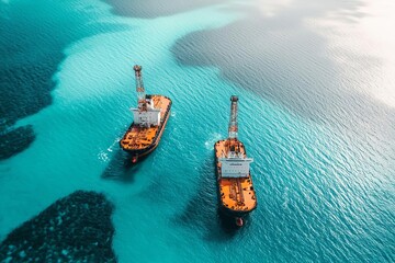 Aerial view of two oil rigs in turquoise water, showcasing marine industry operations.