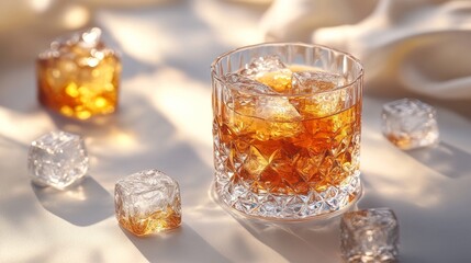 Glass of whiskey with ice cubes in sunlight, elegant beverage concept