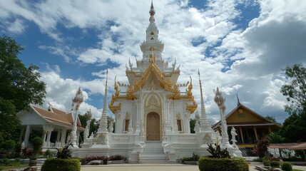 Fototapeta premium The grand white pagoda at Wat Phra That Phanom, a sacred temple near Korat.
