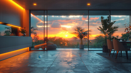 Fototapeta premium serene sunset view from modern living space, featuring large glass windows, vibrant plants, and warm lighting that creates cozy atmosphere