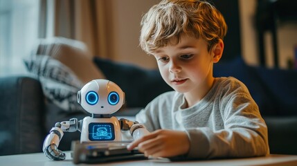 A child playing the role of an AI researcher, programming a toy robot to perform simple tasks,