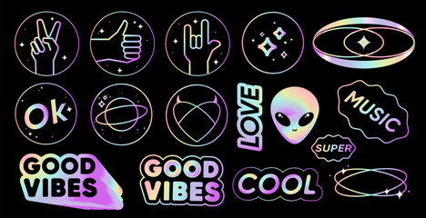 Holographic sticker labels signs icons Y2K Retro style with hologram effect set.Hologram text quote label.Iridescent icons with hand gestures,ok,cool,super,love, heart, good vibes,party message.Vector