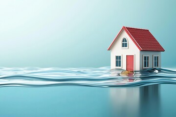 Floating house in water, surreal representation of flooding.