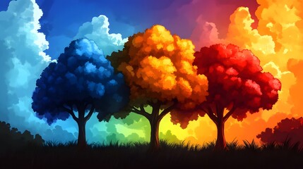 Three Trees In Watercolor Style With Vibrant Sky And Clouds