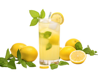 a glass of lemonade with lemons and mint leaves