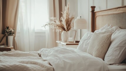 A cozy, well-decorated bedroom with soft bedding and natural light.