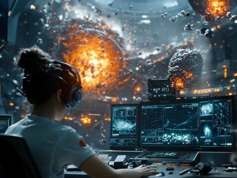 A woman is sitting in front of a computer monitor with a headset on. She is looking at a screen that shows a violent explosion. Scene is intense and chaotic