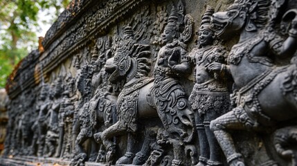 Obraz premium The intricate stone reliefs at Phimai Sanctuary, depicting scenes from Hindu mythology.