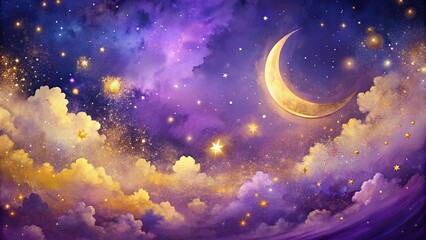Golden Crescent Moon Illuminates Purple Night Sky with Glittering Stars and Clouds
